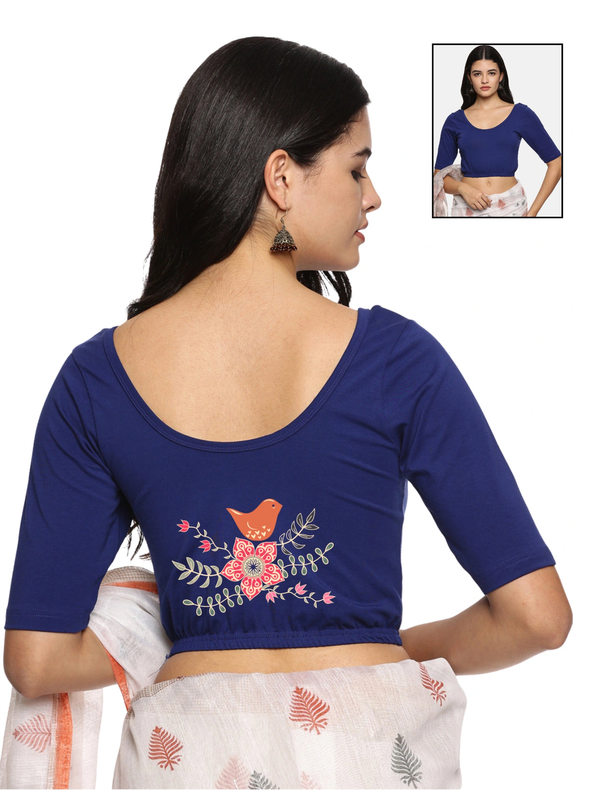 Women Back Printed Stretchable Half Sleeve Blouse U0196 Royal Blue