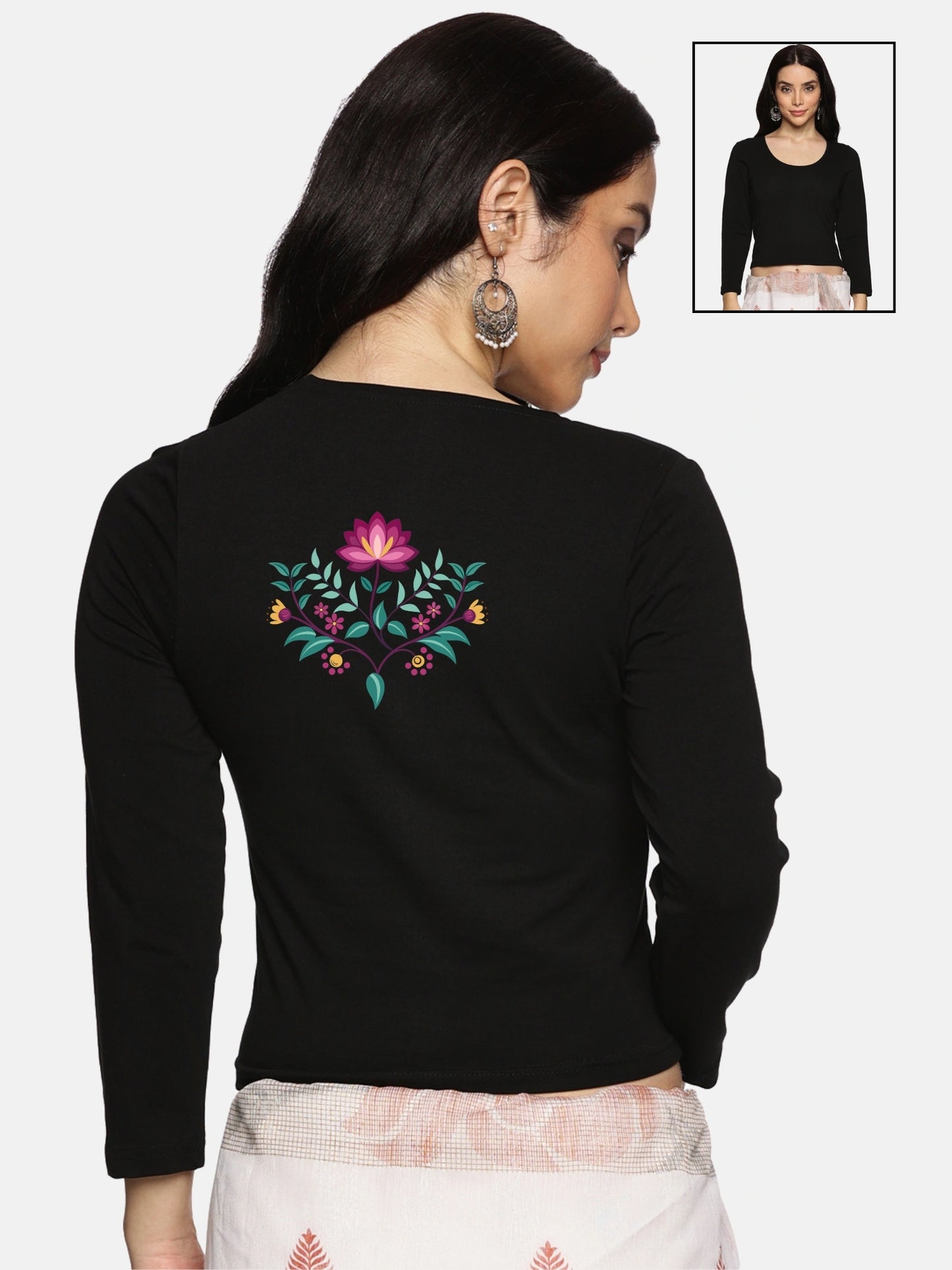 Women Three Fourth Sleeve Back Print Stretchable Blouse U0127 Black
