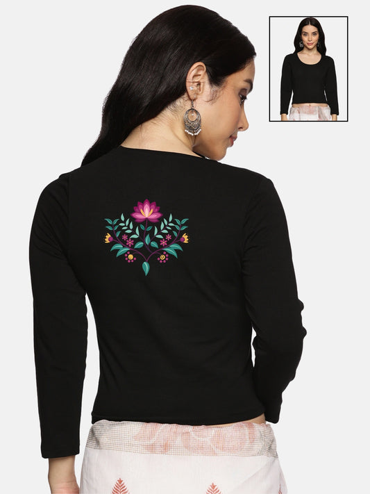Women Three Fourth Sleeve Back Print Stretchable Blouse U0127 Black