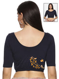 Women Back Printed Stretchable  Half Sleeve Blouse U0199 Navy