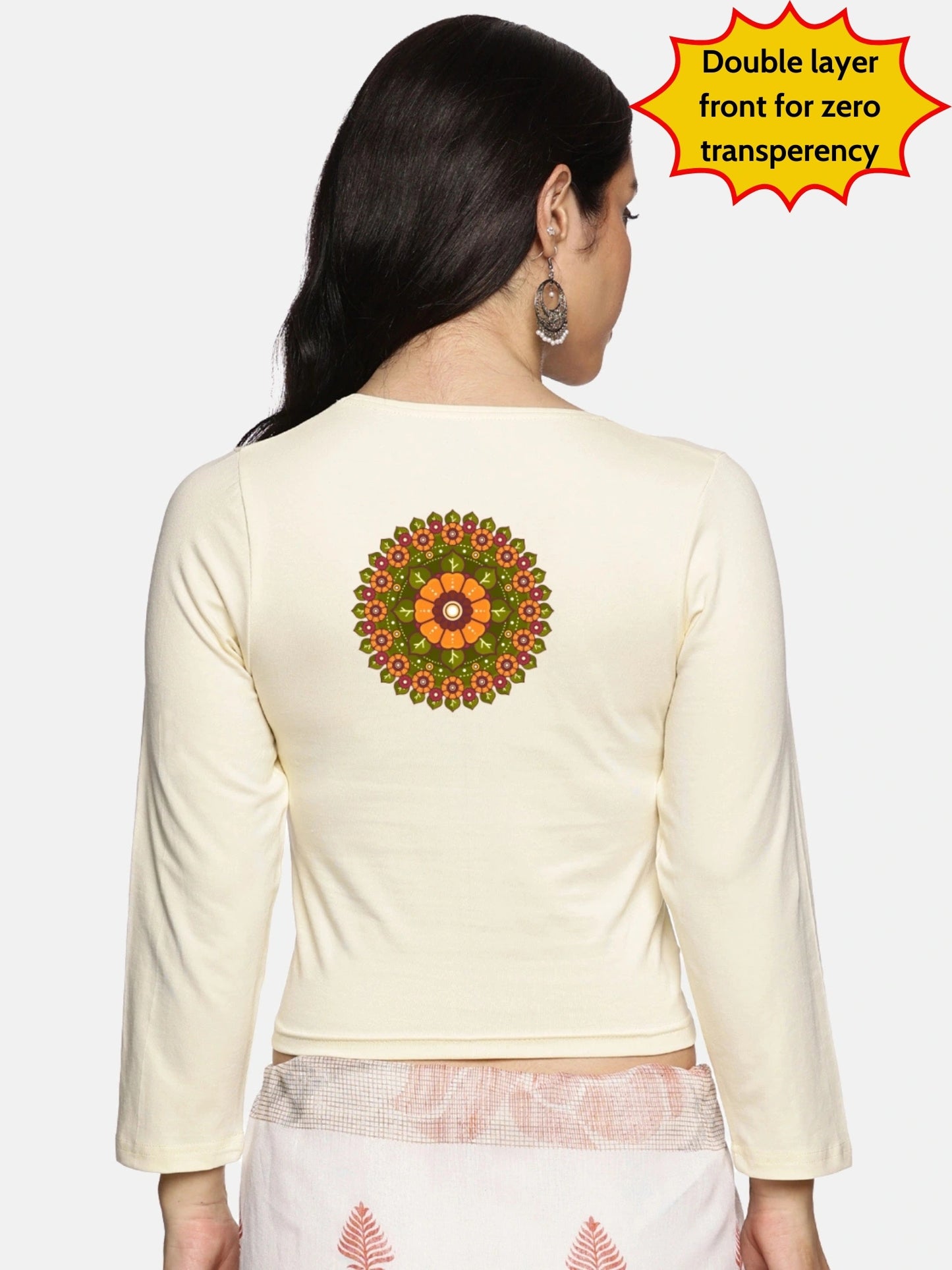 Women Three Fourth Sleeve Back Print Stretchable Blouse U0129 Cream