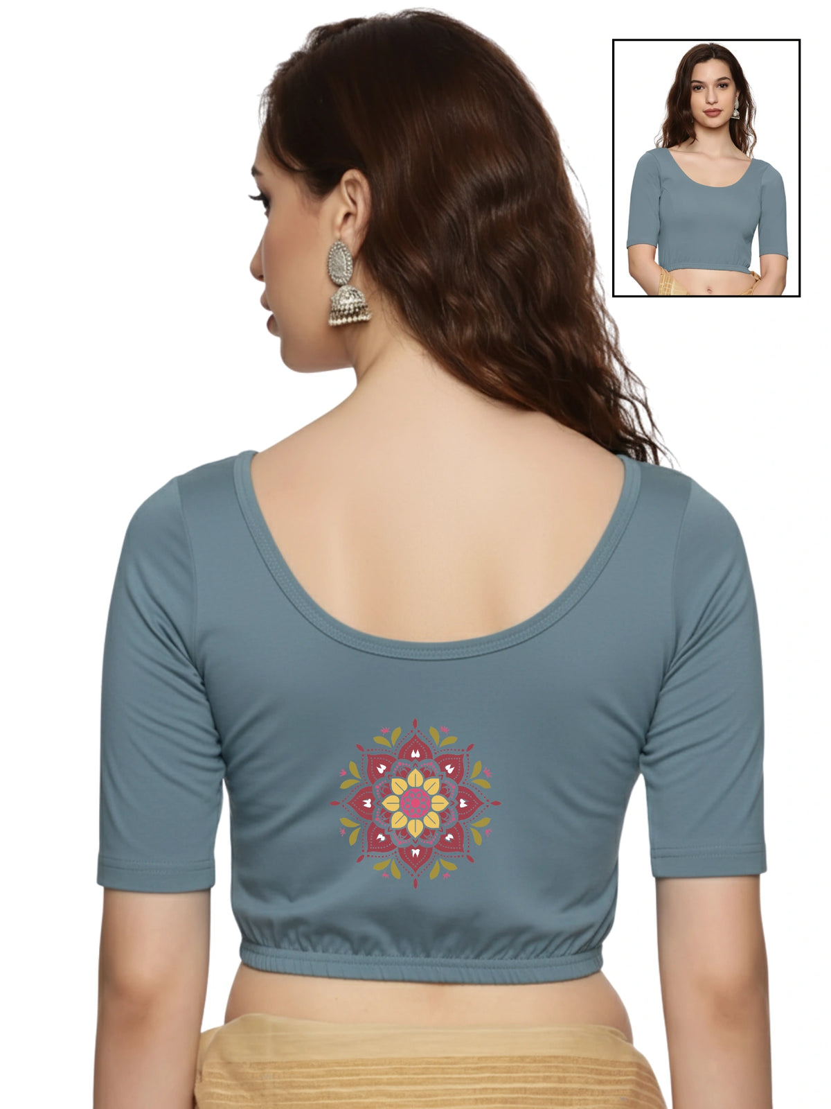 Women Back Printed Stretchable  Half Sleeve Blouse U0200 Elephant Grey