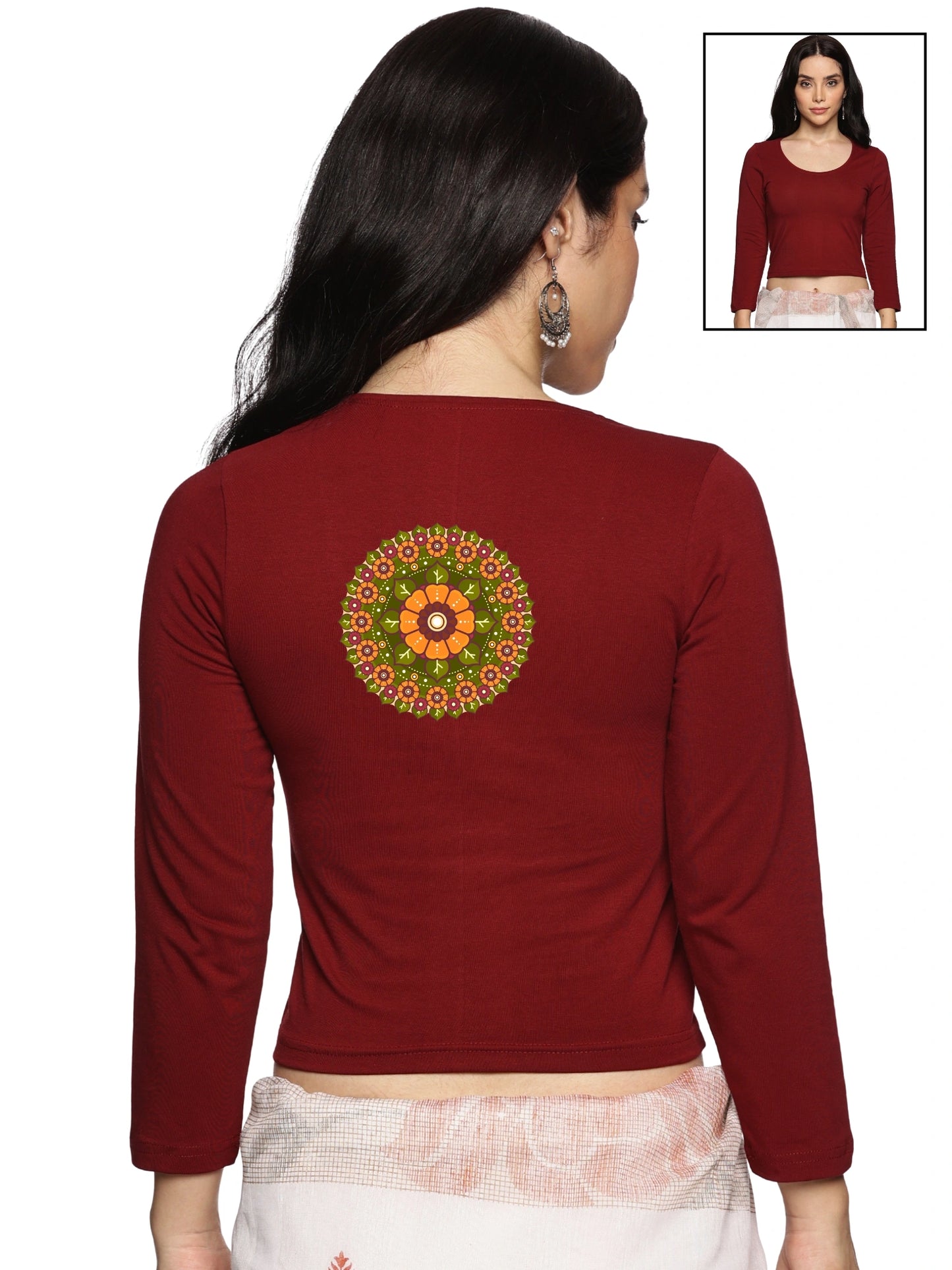 Women Three Fourth Sleeve Back Print Stretchable Blouse U0129 Maroon