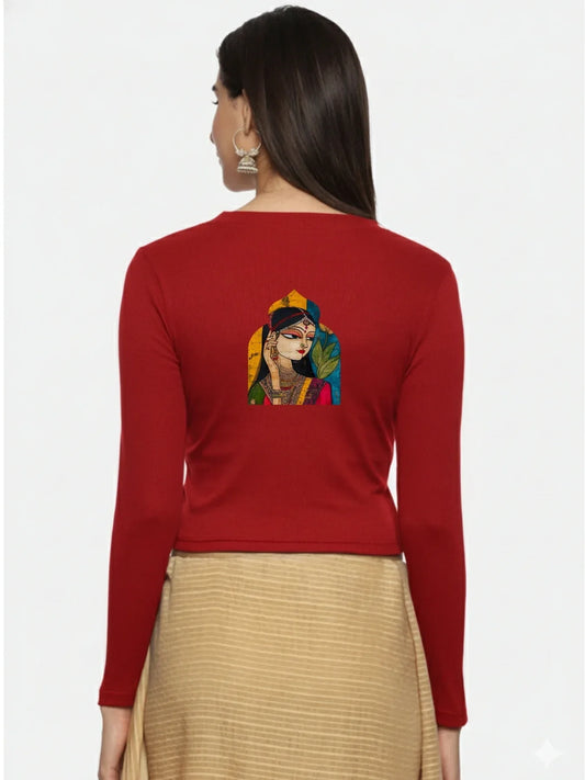 Women Back Printed Stretchable Full Sleeve V Neck RIB Blouse U0185 - notyetbyus