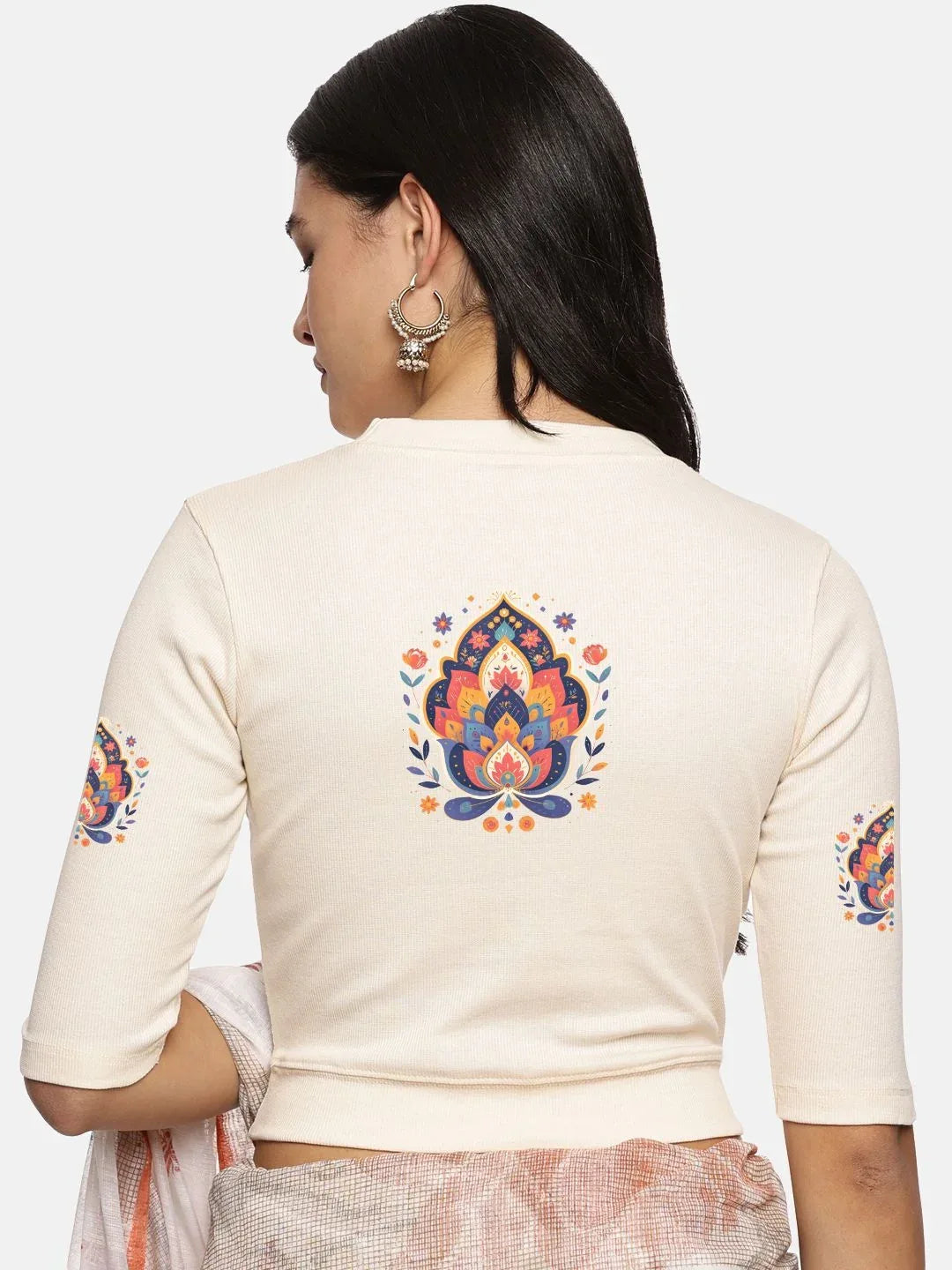Women Back Printed Stretchable Elbow Sleeve RIB Blouse U0157 - notyetbyus