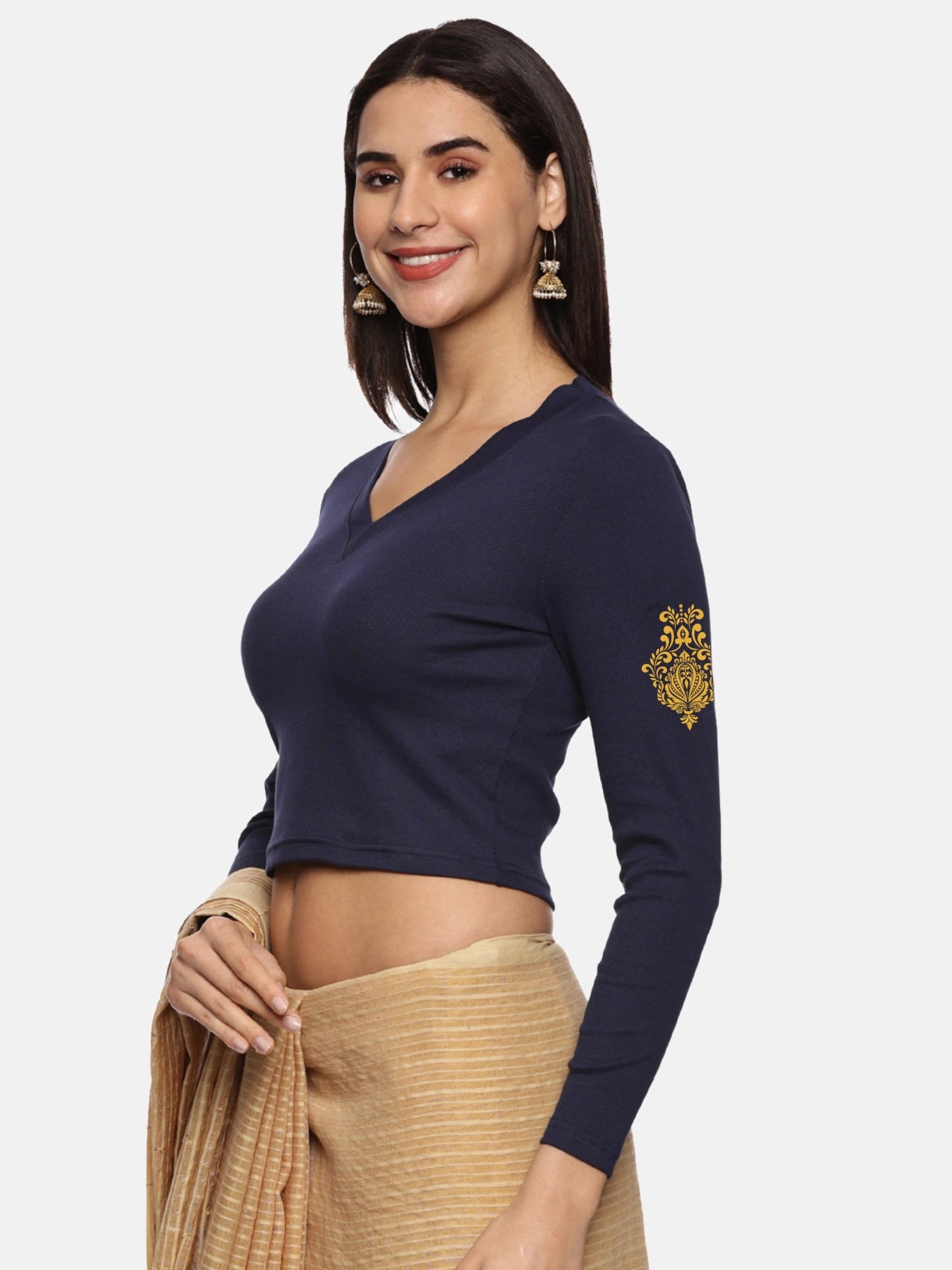 Women Back Printed Stretchable Full Sleeve V Neck RIB Blouse U0189 Navy