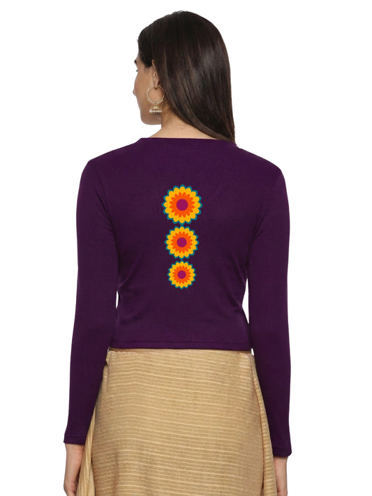 Women Back Printed Stretchable Full Sleeve V Neck RIB Blouse U0213 Violet