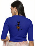 Women Back Printed Stretchable Elbow Sleeve RIB Blouse U0221 Royal Blue