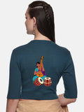 Women Back Printed Stretchable Elbow Sleeve RIB Blouse U0172 Teal Green