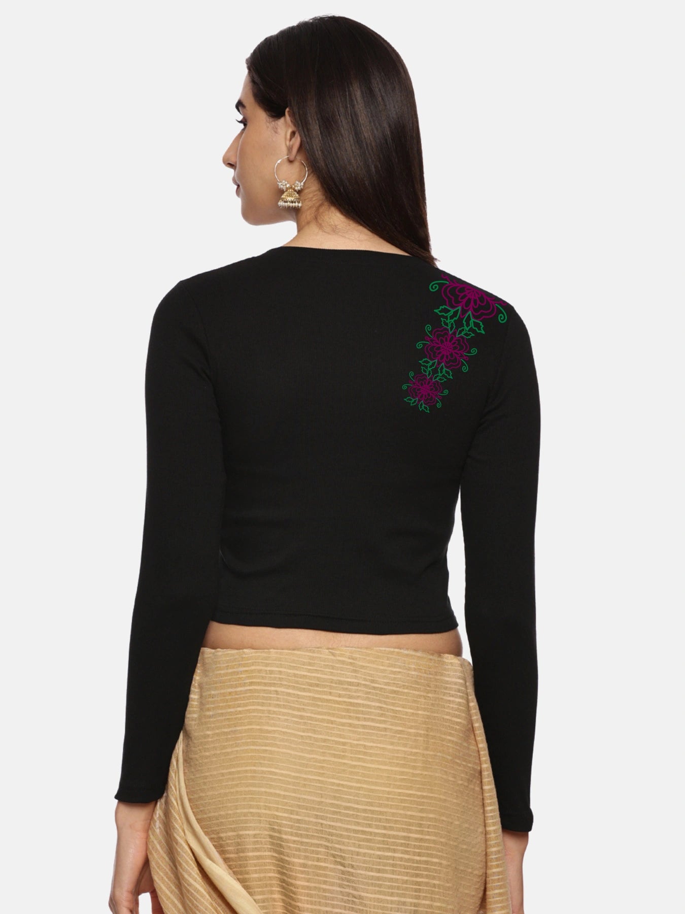 Women Back Printed Stretchable Full Sleeve V Neck RIB Blouse U0212 Black