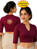 Women Mandarin Collar Back Gold Printed Stretchable Elbow Sleeve Blouse M0282 Maroon