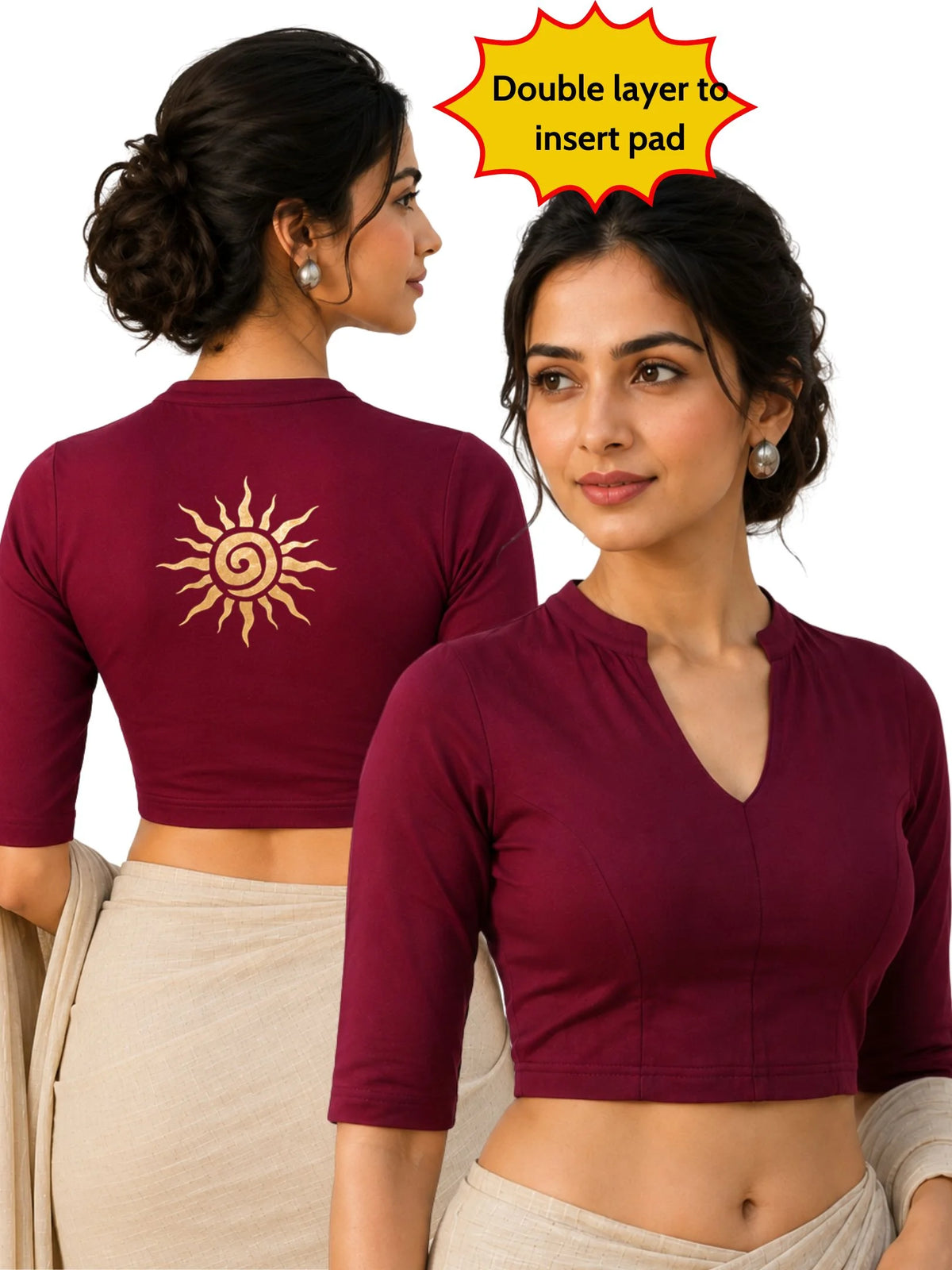 Women Mandarin Collar Back Gold Printed Stretchable Elbow Sleeve Blouse M0282 Maroon