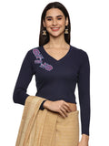 Women Back Printed Stretchable Full Sleeve V Neck RIB Blouse U0217 Navy