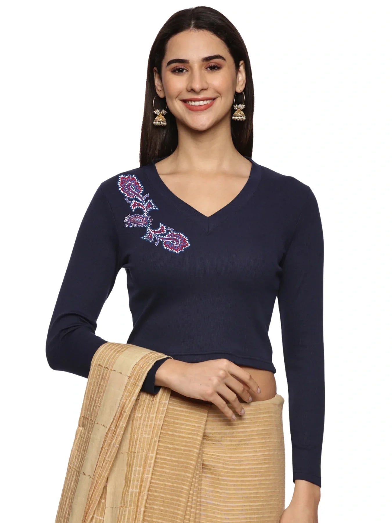 Women Back Printed Stretchable Full Sleeve V Neck RIB Blouse U0217 - notyetbyus