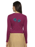 Women Back Printed Stretchable Full Sleeve V Neck RIB Blouse U0216 Wine Pink