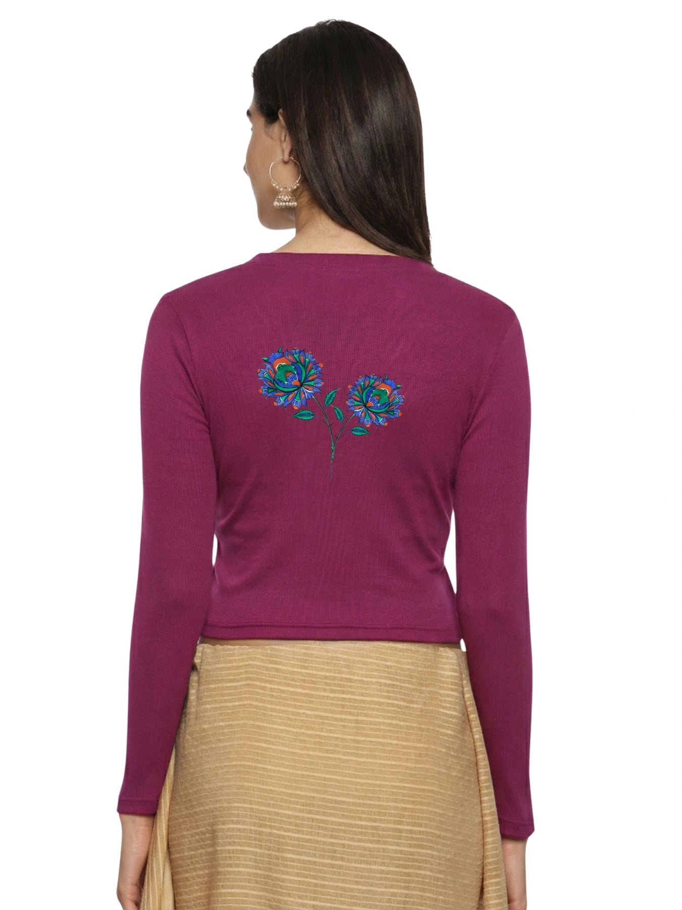 Women Back Printed Stretchable Full Sleeve V Neck RIB Blouse U0216 Wine Pink