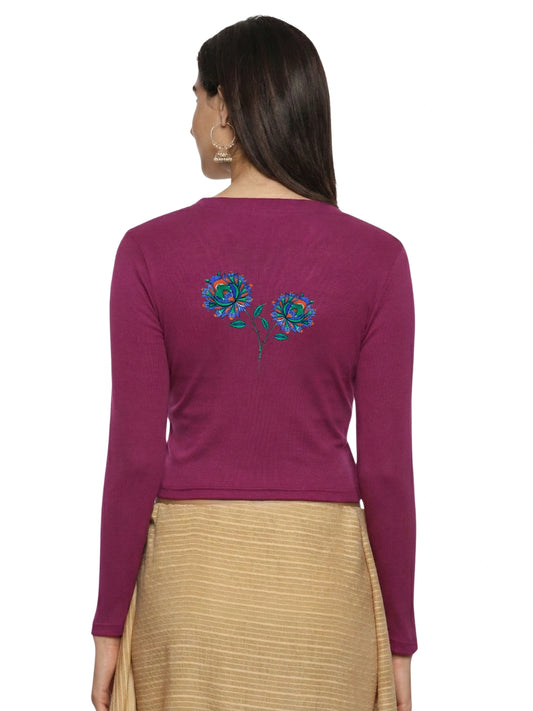Women Back Printed Stretchable Full Sleeve V Neck RIB Blouse U0216 Wine Pink