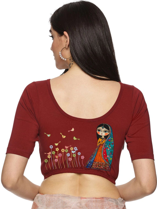 Women Back Printed Stretchable Half Sleeve Blouse U0223 Maroon