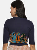 Women Back Printed Stretchable Elbow Sleeve RIB Blouse U0160 Navy