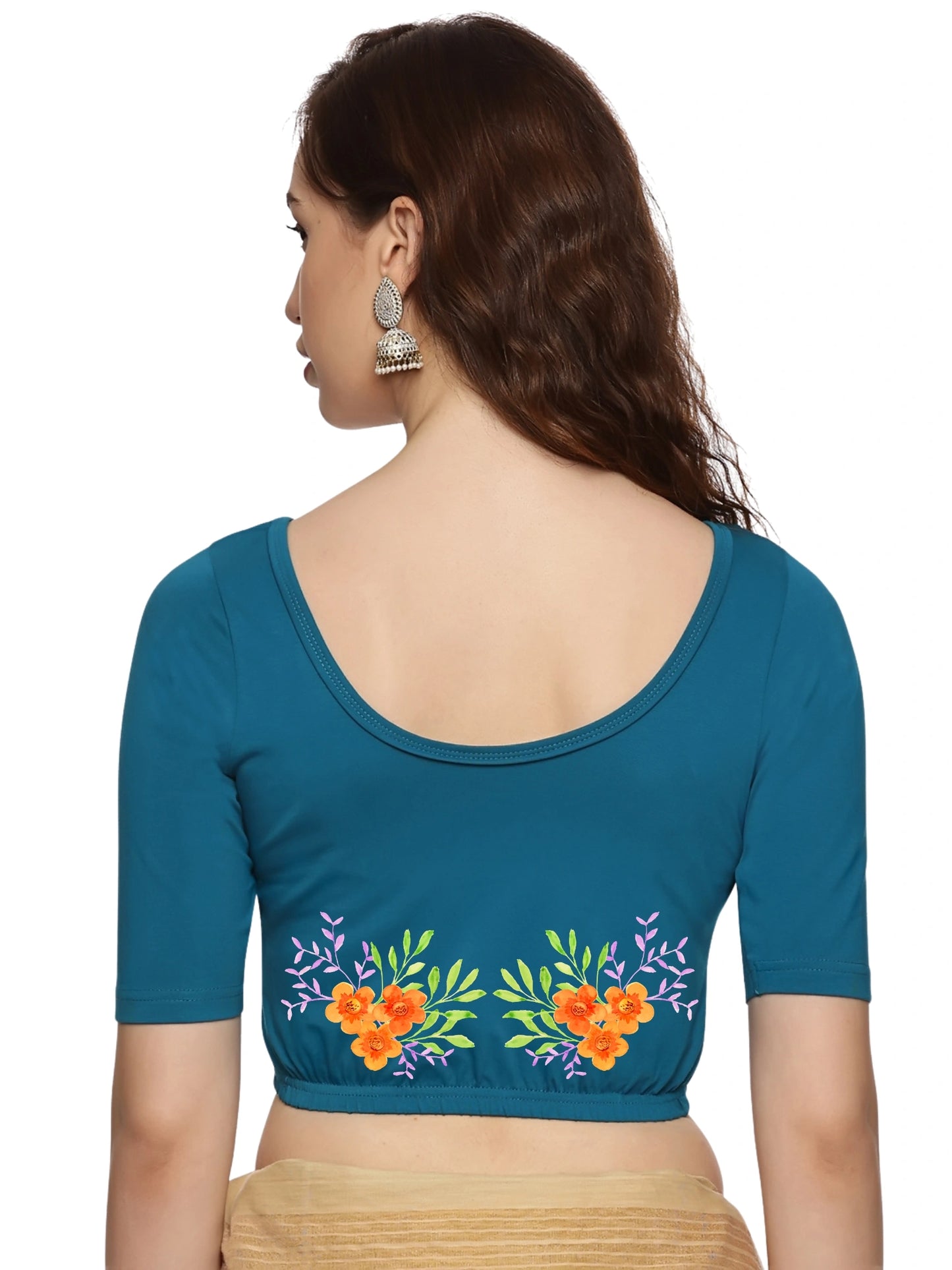 Women Back Printed Stretchable Half Sleeve Blouse U0227 Peacock