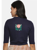 Women Back Printed Stretchable Elbow Sleeve RIB Blouse U0155 Navy