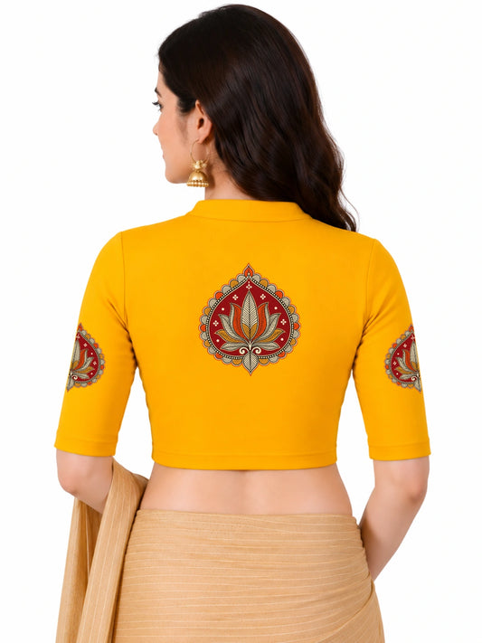 Women Mandarin Collar Back Printed Stretchable Elbow Sleeve Blouse U0269 Golden Yellow