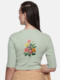 Women Back Printed Stretchable Elbow Sleeve RIB Blouse U0171 Sage Green