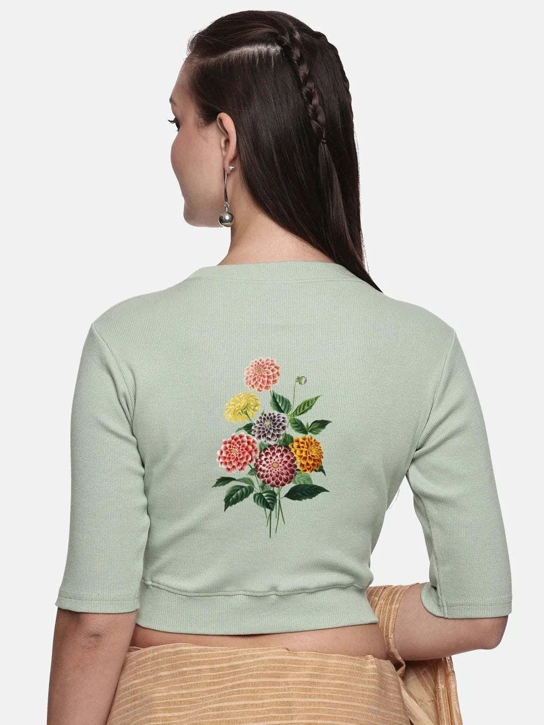 Women Back Printed Stretchable Elbow Sleeve RIB Blouse U0171 - notyetbyus