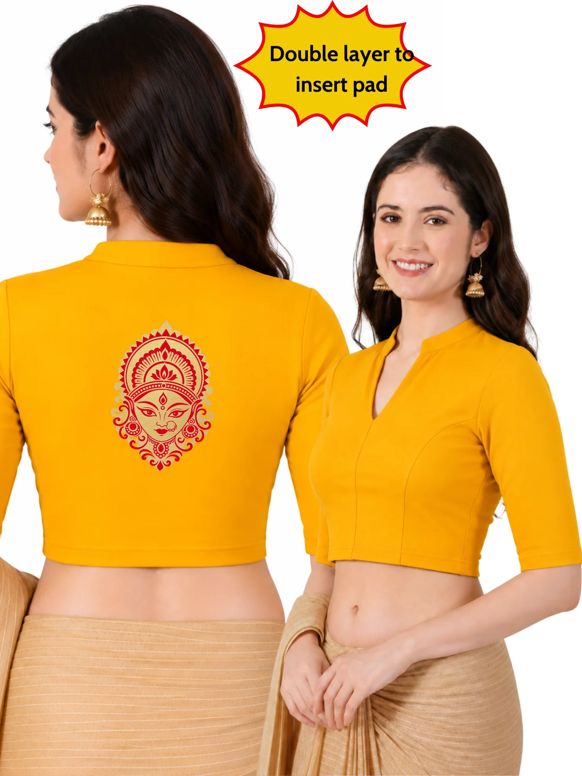Women Mandarin Collar Back Gold Printed Stretchable Elbow Sleeve Blouse M0277 Golden Yellow (Copy)