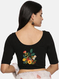 Women Back Printed Stretchable Half Sleeve Blouse U0161 Black