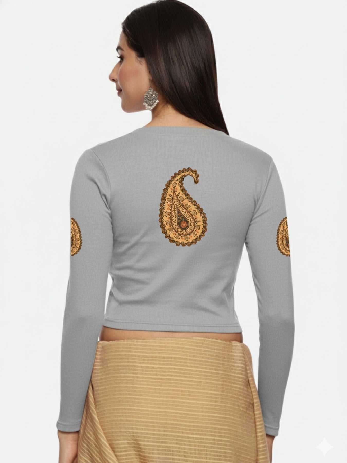 Women Back Printed Stretchable Full Sleeve V Neck RIB Blouse U0186