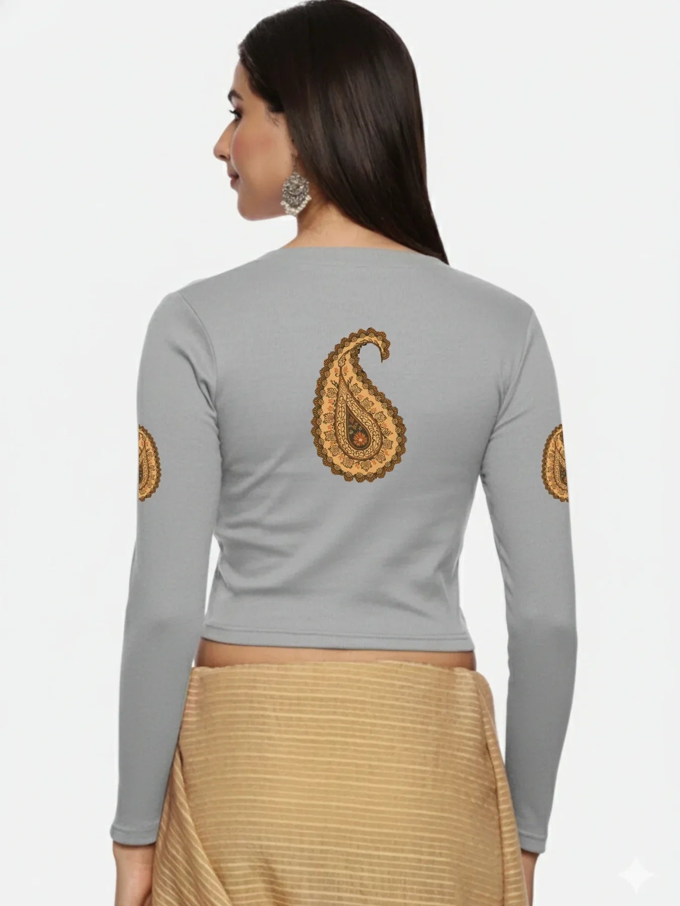 Women Back Printed Stretchable Full Sleeve V Neck RIB Blouse U0186 - notyetbyus