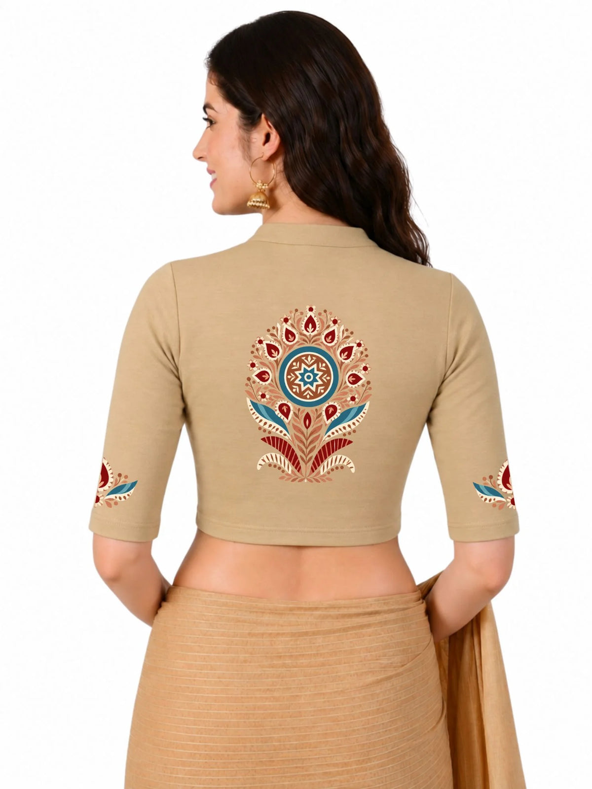 Women Mandarin Collar Back Printed Stretchable Elbow Sleeve Blouse U0280 Beige