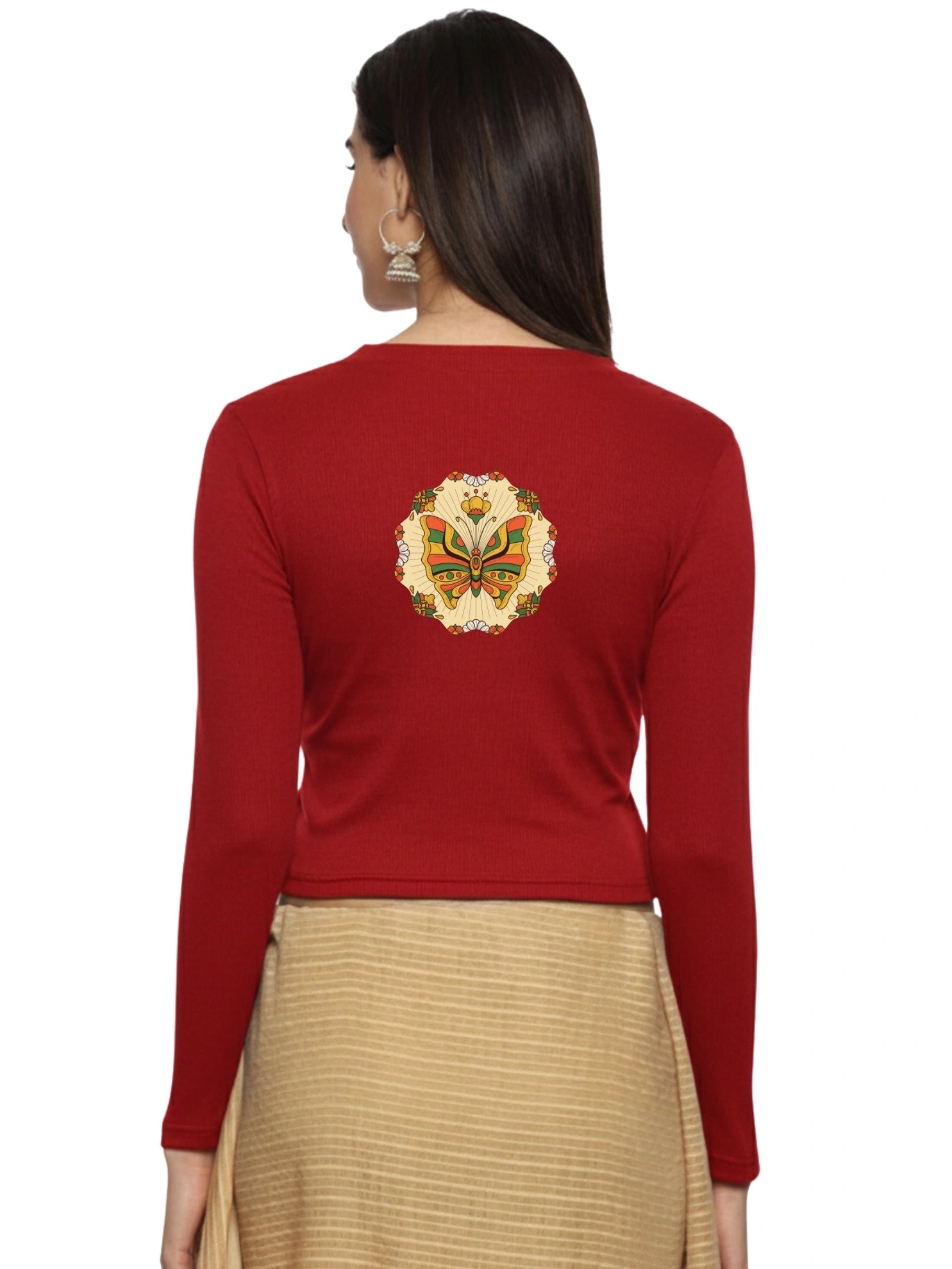 Women Back Printed Stretchable Full Sleeve V Neck RIB Blouse U0184