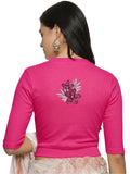 Women Back Printed Stretchable Elbow Sleeve RIB Blouse U0253 Rani Pink