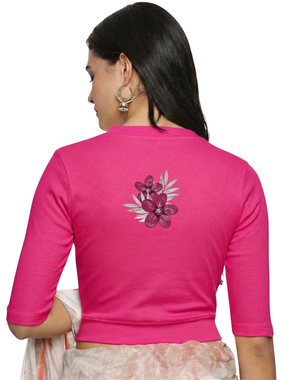 Women Back Printed Stretchable Elbow Sleeve RIB Blouse U0253 Rani Pink