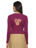 Women Back Printed Stretchable Full Sleeve V Neck RIB Blouse U0214 Wine Pink