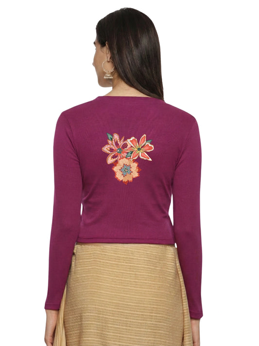 Women Back Printed Stretchable Full Sleeve V Neck RIB Blouse U0214 Wine Pink