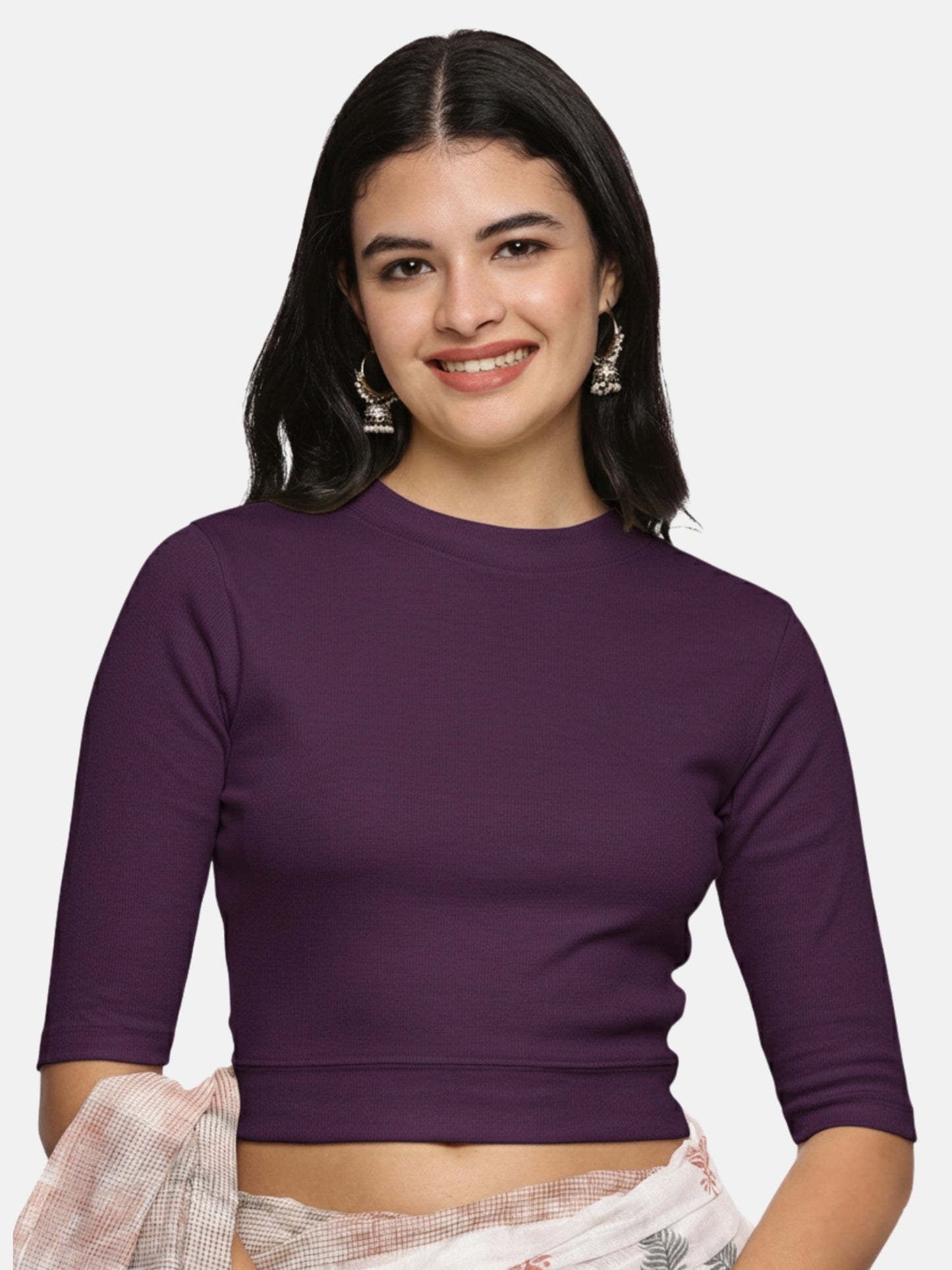 Women Back Printed Stretchable Elbow Sleeve RIB Blouse U0160 Violet