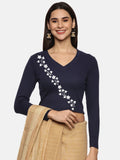 Women Back Printed Stretchable Full Sleeve V Neck RIB Blouse U0219 Navy