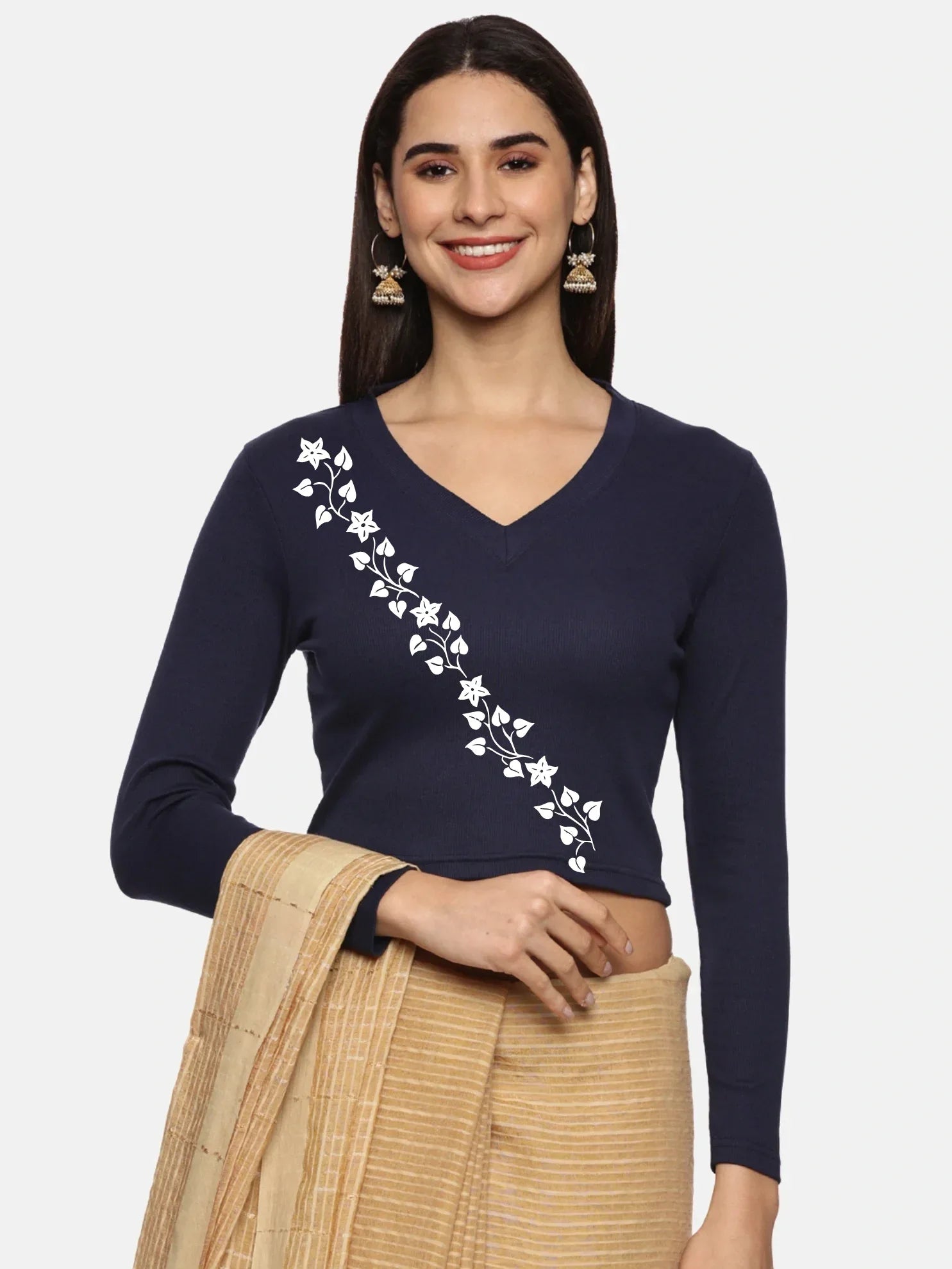 Women Back Printed Stretchable Full Sleeve V Neck RIB Blouse U0219 - notyetbyus