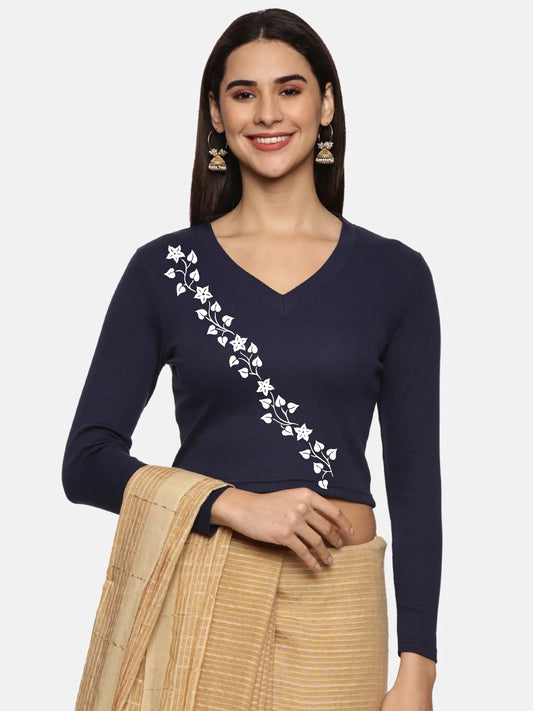 Women Back Printed Stretchable Full Sleeve V Neck RIB Blouse U0219 - notyetbyus