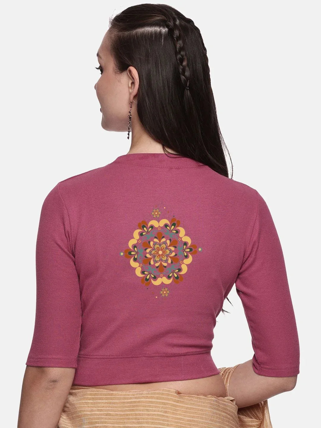 Women Back Printed Stretchable Elbow Sleeve RIB Blouse U0167 - notyetbyus