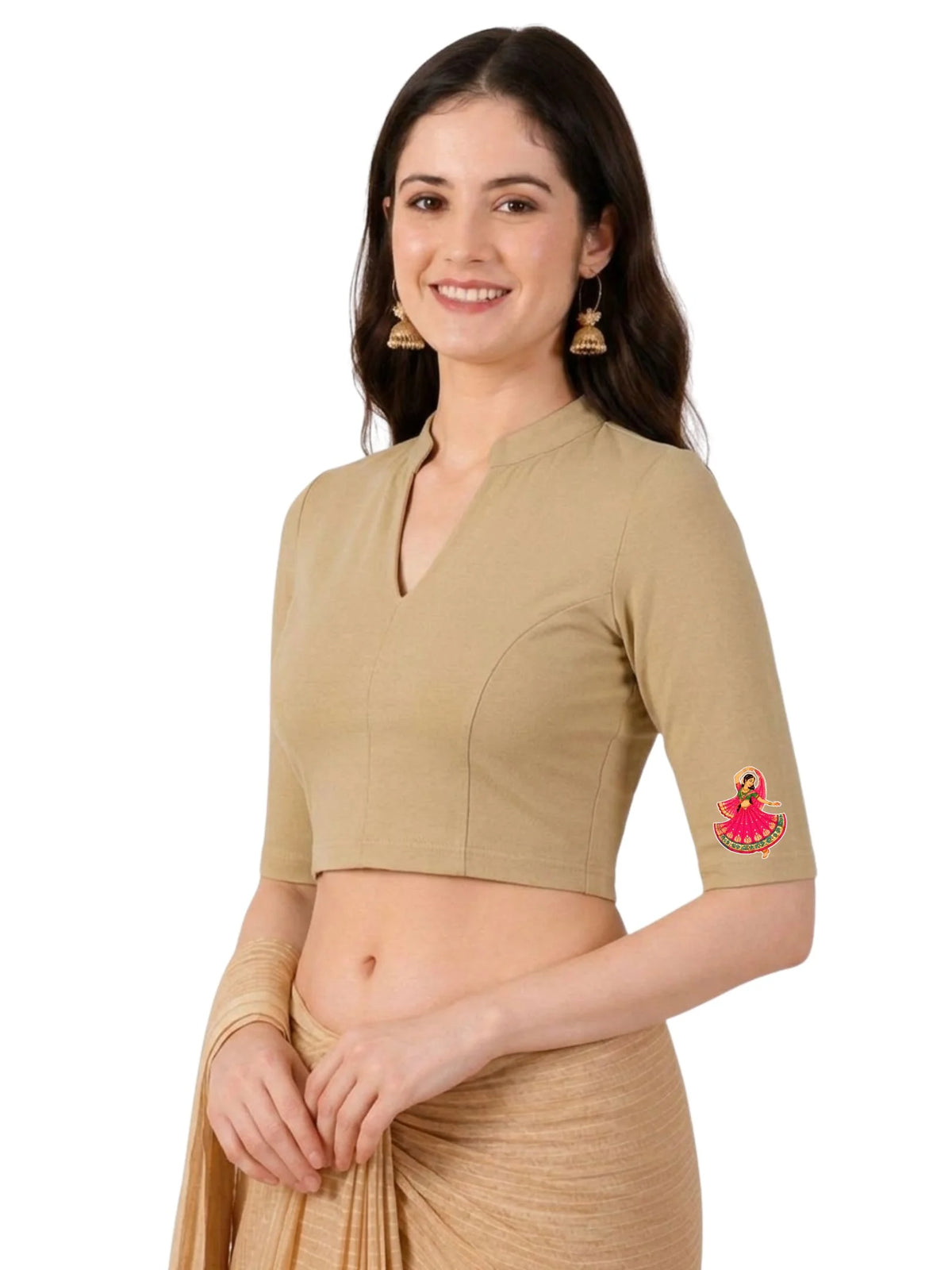 Women Mandarin Collar Back Printed Stretchable Elbow Sleeve Blouse U0281 Beige