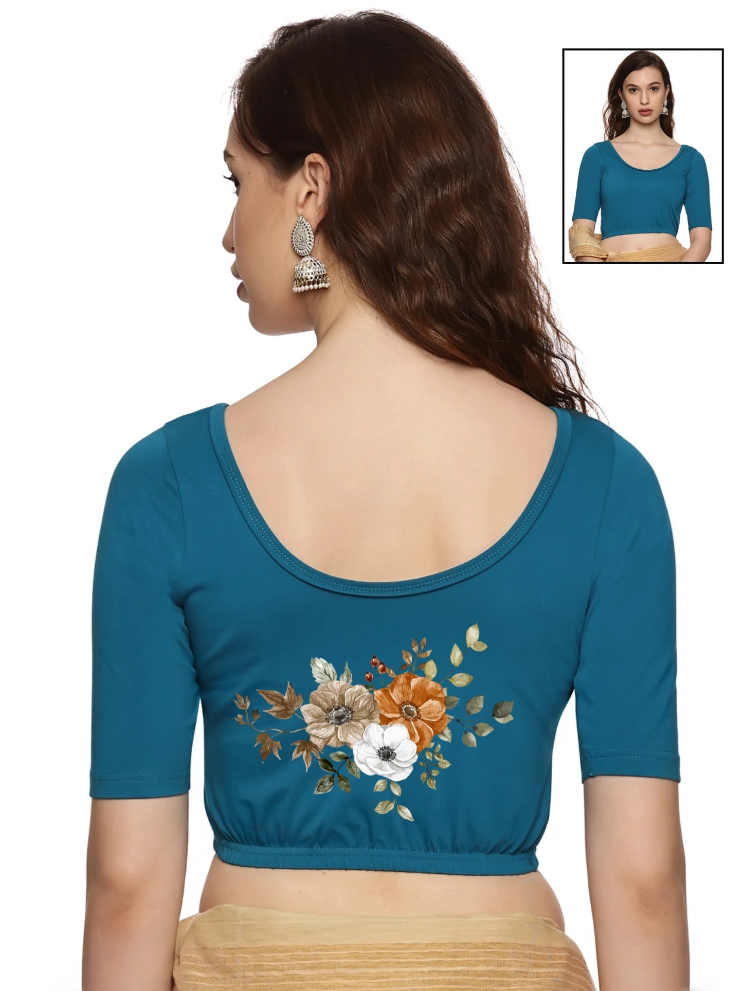Women Back Printed Stretchable Half Sleeve Blouse U041 peacock