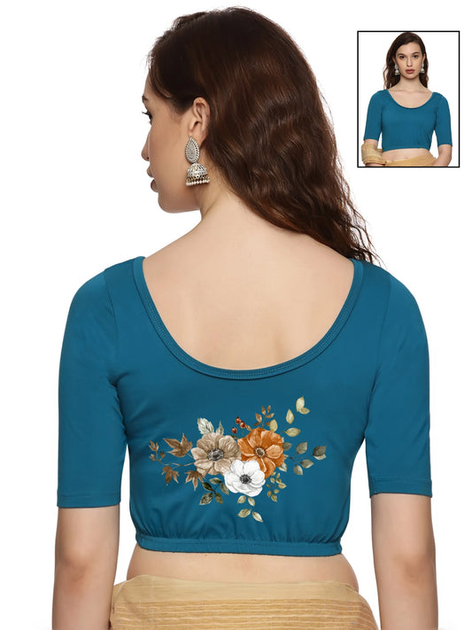 Women Back Printed Stretchable Half Sleeve Blouse U041 peacock