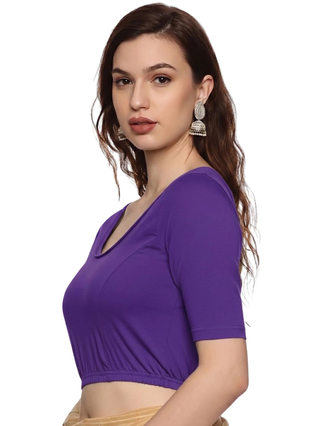 Women Plain Stretchable Half Sleeve Blouse U01A Purple