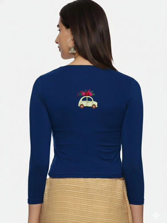 DIY Embroidery Kit with Women Stretchable Three Fourth Sleeve Blouse E013 – Royal Blue