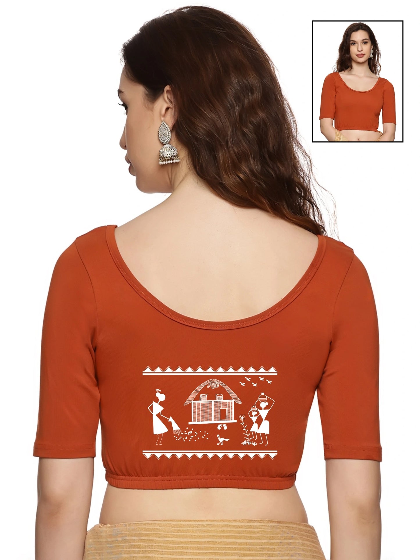 Women Back Printed Stretchable Half Sleeve Blouse U06 Rust