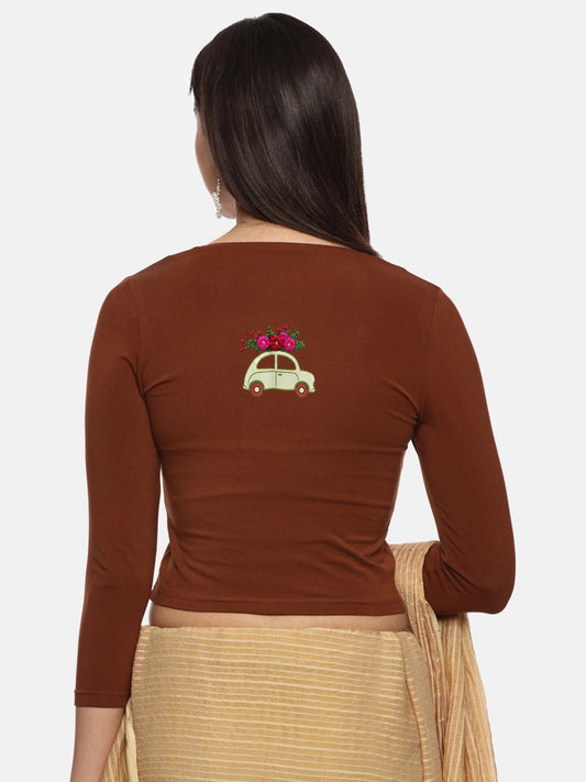 DIY Embroidery Kit with Women Stretchable Three Fourth Sleeve Blouse E013 – Honey Brown